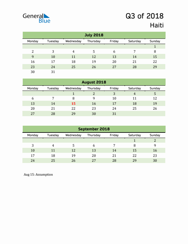 Quarterly Calendar 2018 with Haiti Holidays