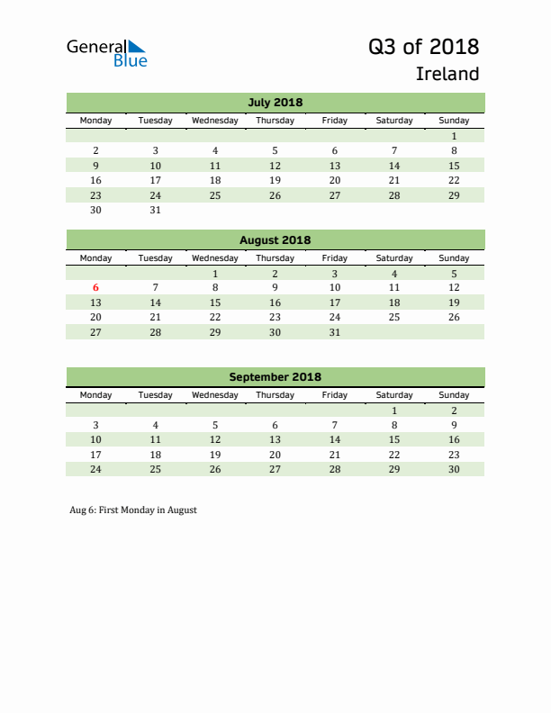 Quarterly Calendar 2018 with Ireland Holidays