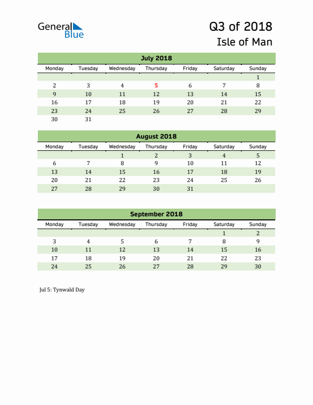 Quarterly Calendar 2018 with Isle of Man Holidays