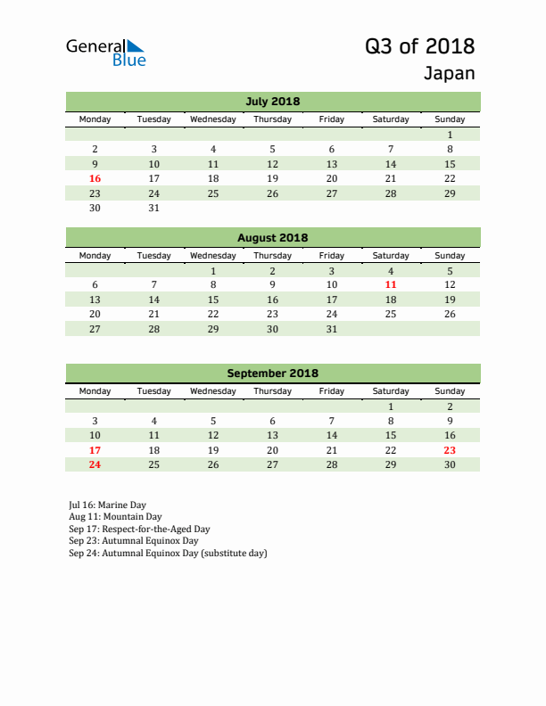 Quarterly Calendar 2018 with Japan Holidays