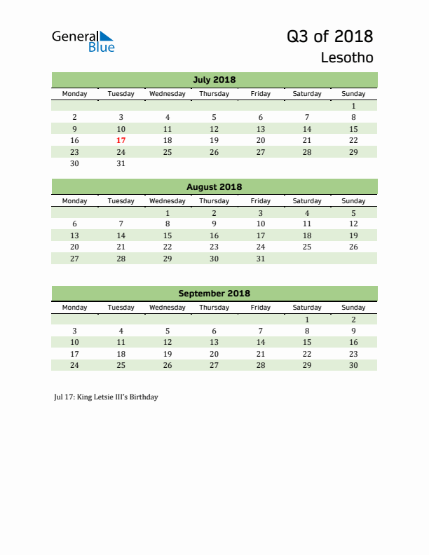 Quarterly Calendar 2018 with Lesotho Holidays