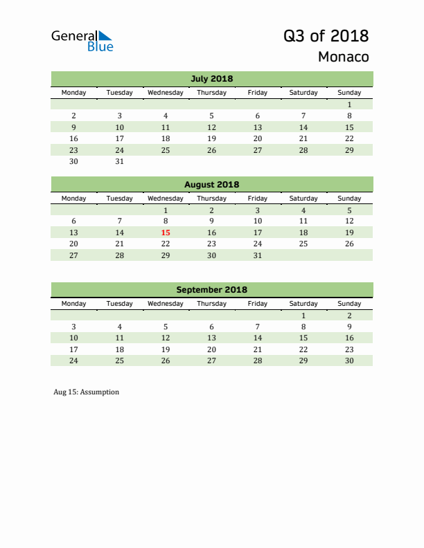 Quarterly Calendar 2018 with Monaco Holidays