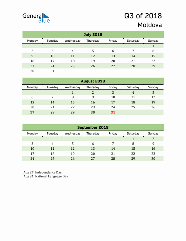 Quarterly Calendar 2018 with Moldova Holidays