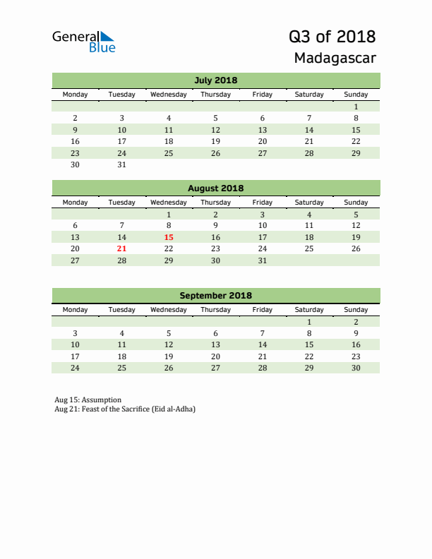 Quarterly Calendar 2018 with Madagascar Holidays