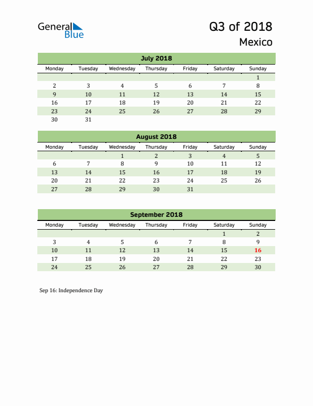 Quarterly Calendar 2018 with Mexico Holidays