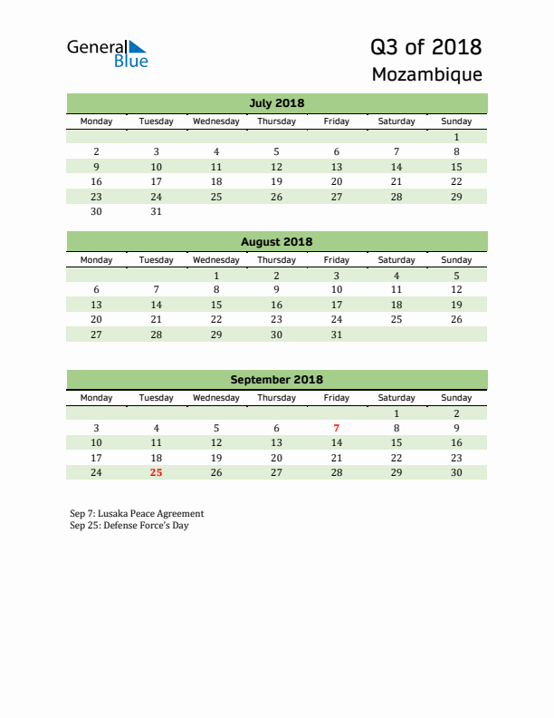 Quarterly Calendar 2018 with Mozambique Holidays