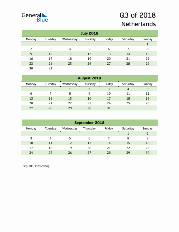 Quarterly Calendar 2018 with The Netherlands Holidays