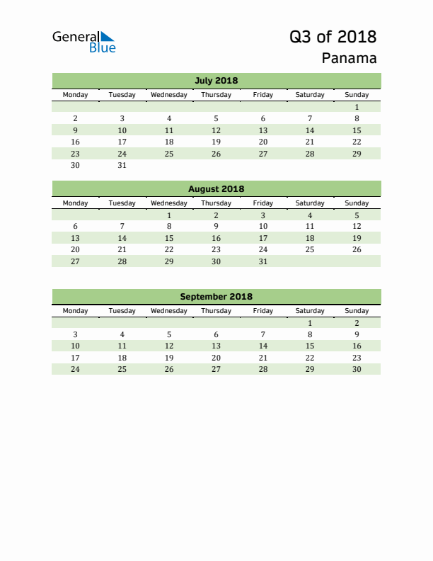 Quarterly Calendar 2018 with Panama Holidays