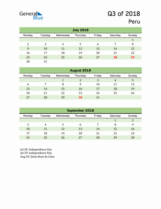 Quarterly Calendar 2018 with Peru Holidays