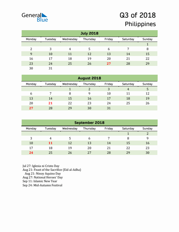 Quarterly Calendar 2018 with Philippines Holidays