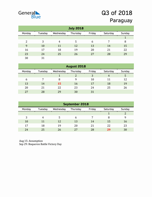 Quarterly Calendar 2018 with Paraguay Holidays