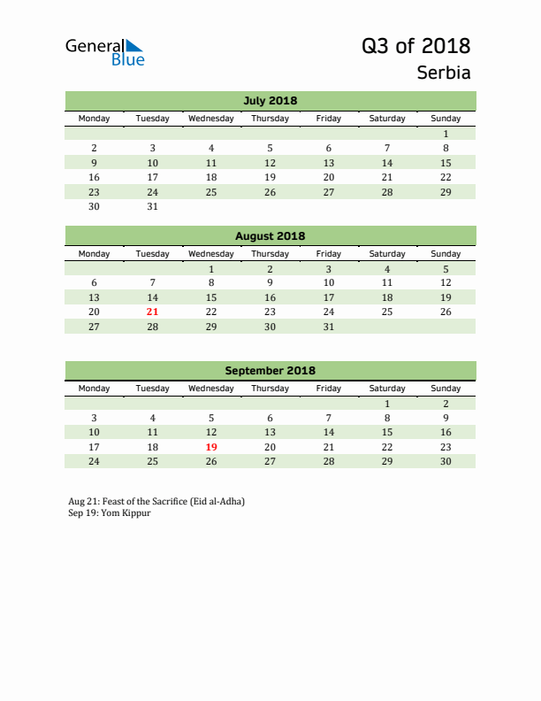 Quarterly Calendar 2018 with Serbia Holidays