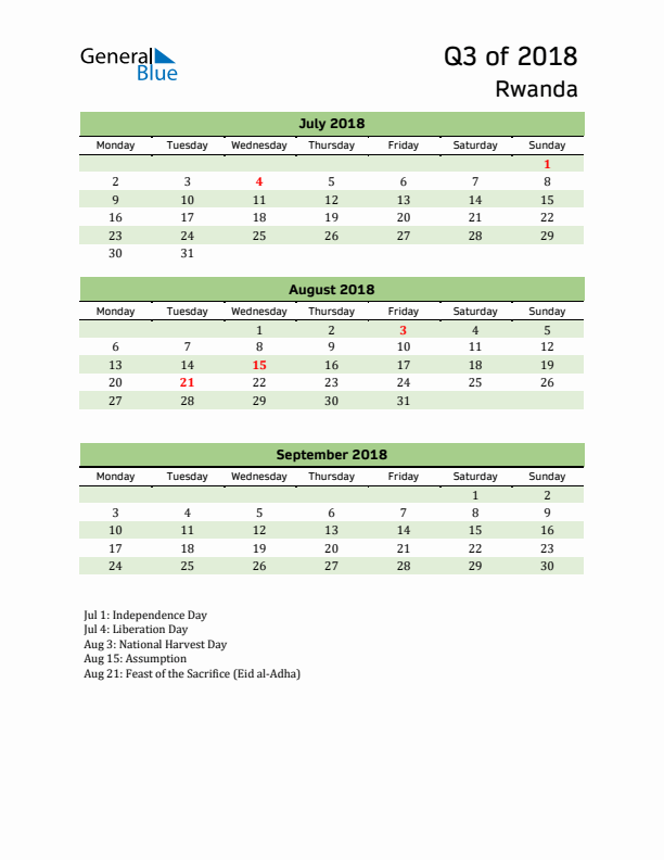 Quarterly Calendar 2018 with Rwanda Holidays