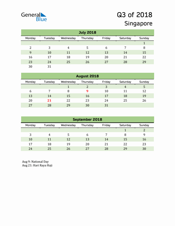 Quarterly Calendar 2018 with Singapore Holidays