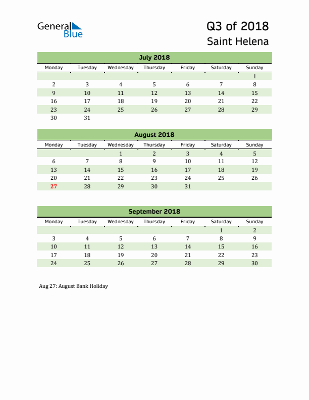 Quarterly Calendar 2018 with Saint Helena Holidays