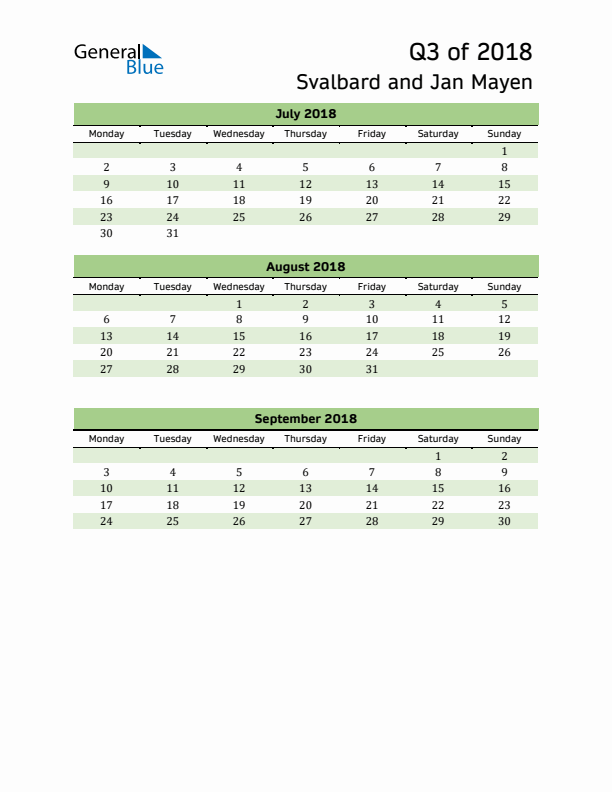 Quarterly Calendar 2018 with Svalbard and Jan Mayen Holidays