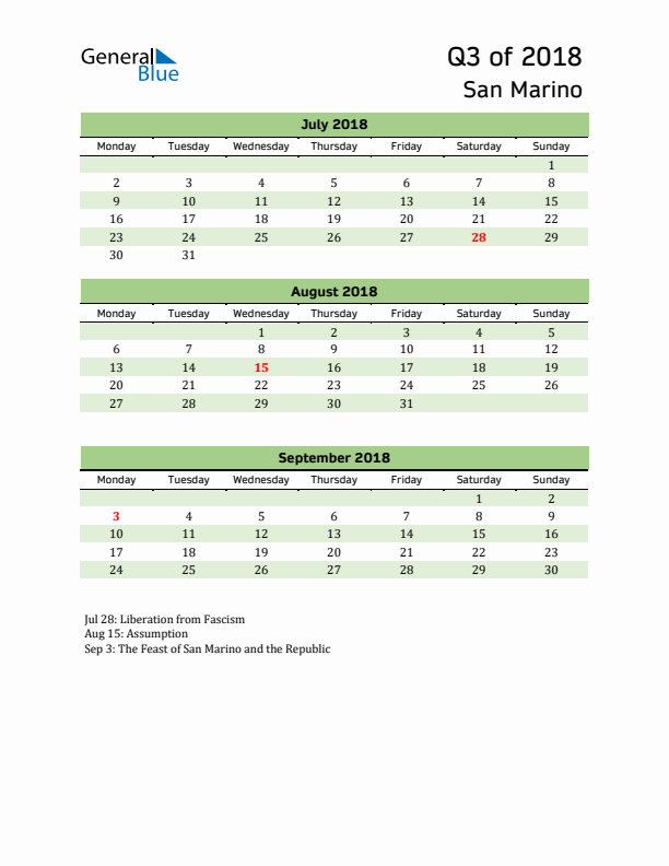 Quarterly Calendar 2018 with San Marino Holidays