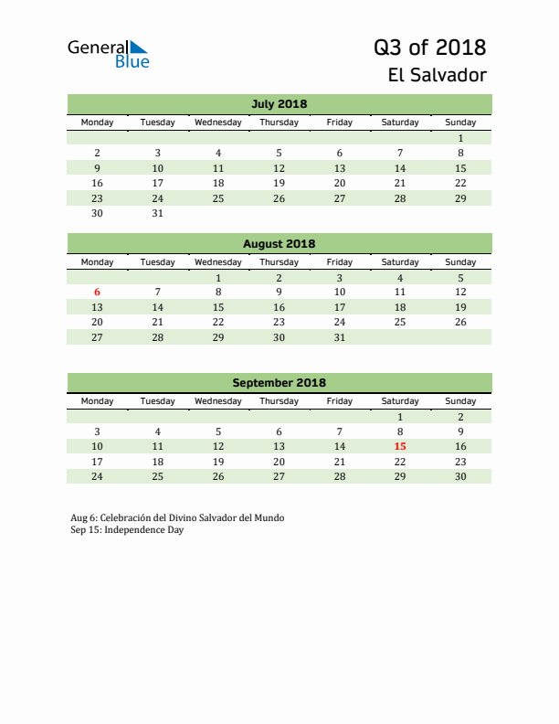 Quarterly Calendar 2018 with El Salvador Holidays