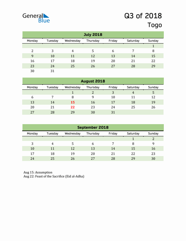 Quarterly Calendar 2018 with Togo Holidays