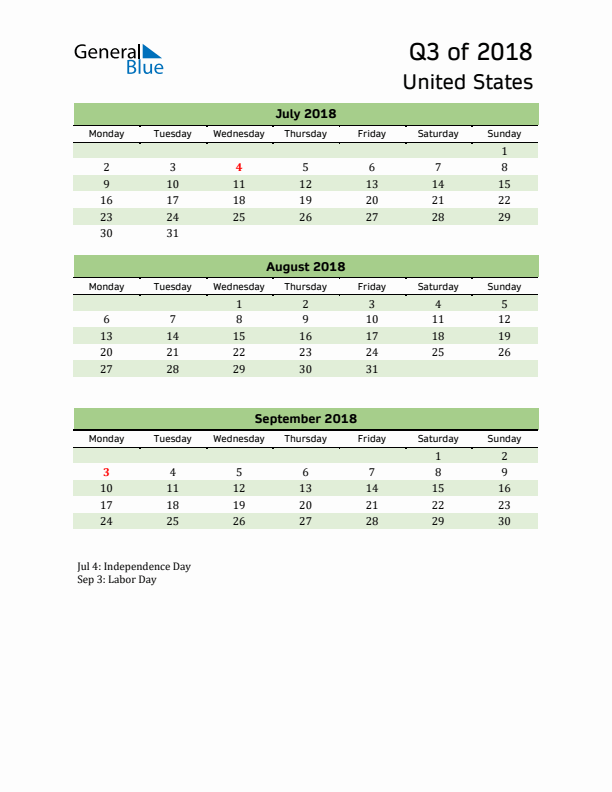 Quarterly Calendar 2018 with United States Holidays