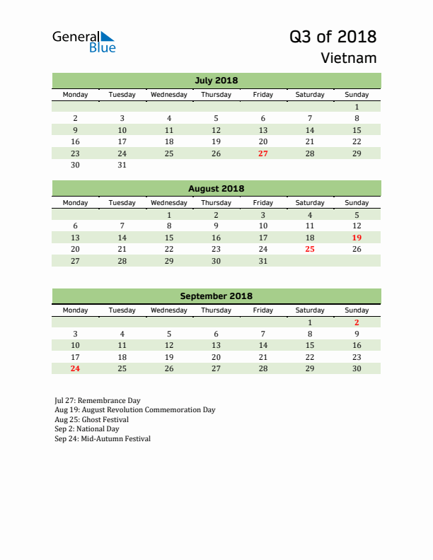 Quarterly Calendar 2018 with Vietnam Holidays