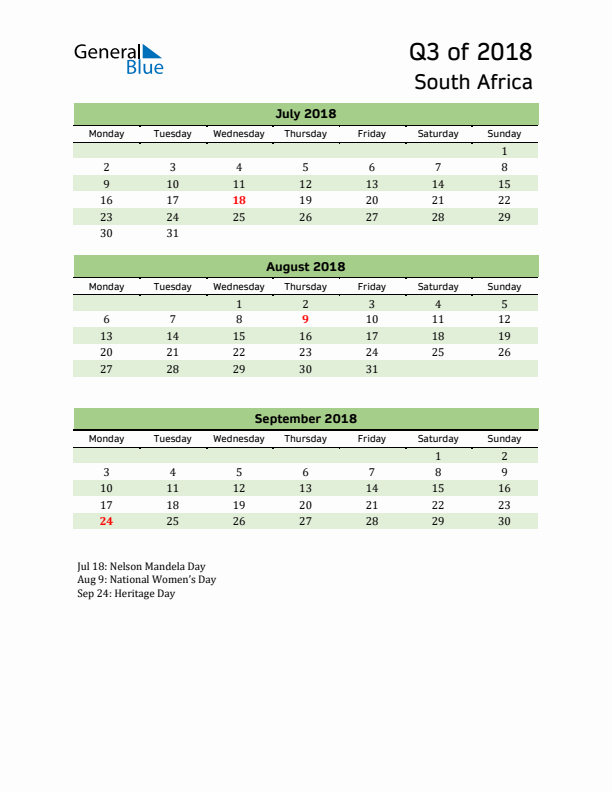 Quarterly Calendar 2018 with South Africa Holidays