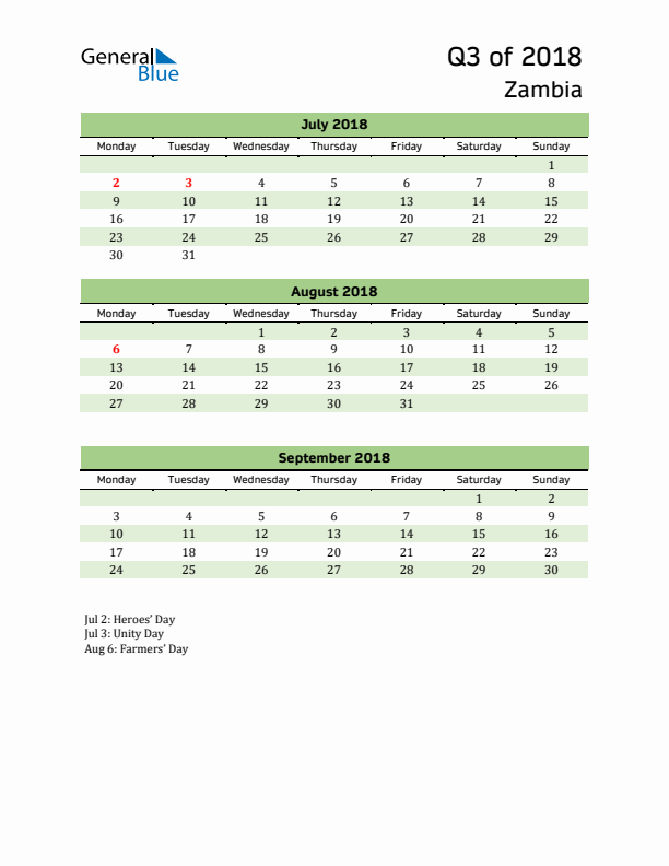 Quarterly Calendar 2018 with Zambia Holidays