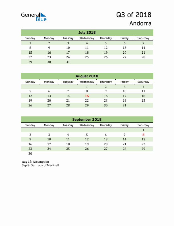 Quarterly Calendar 2018 with Andorra Holidays