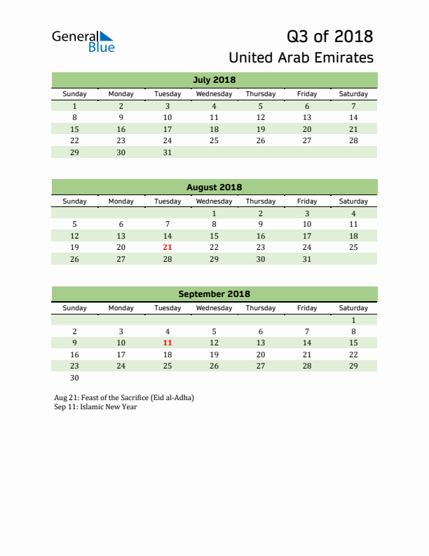 Quarterly Calendar 2018 with United Arab Emirates Holidays