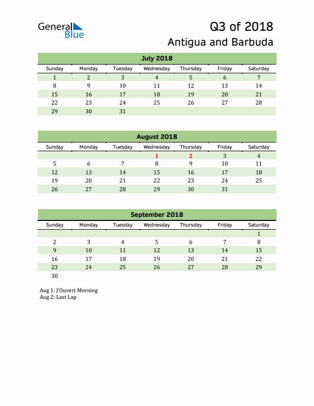 Quarterly Calendar 2018 with Antigua and Barbuda Holidays