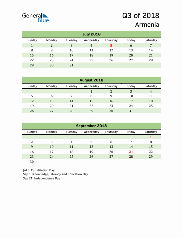 Quarterly Calendar 2018 with Armenia Holidays