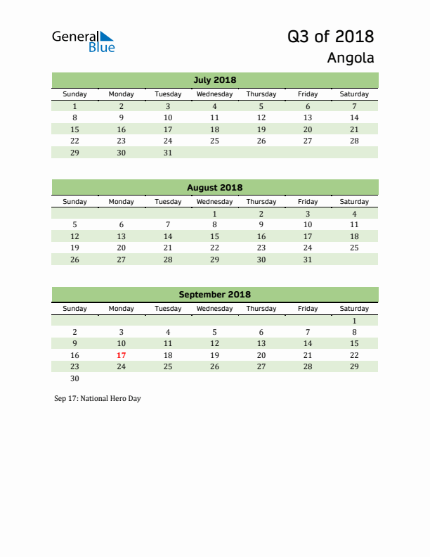 Quarterly Calendar 2018 with Angola Holidays