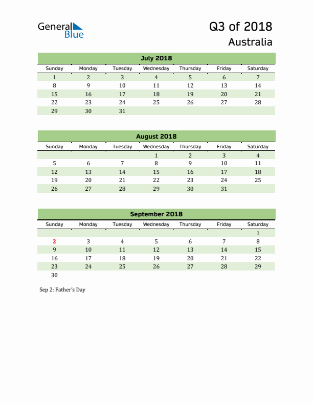 Quarterly Calendar 2018 with Australia Holidays