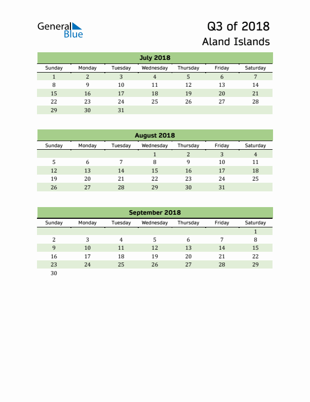 Quarterly Calendar 2018 with Aland Islands Holidays