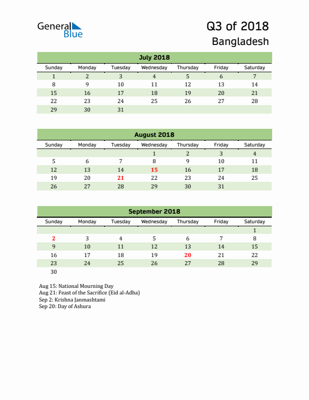 Quarterly Calendar 2018 with Bangladesh Holidays