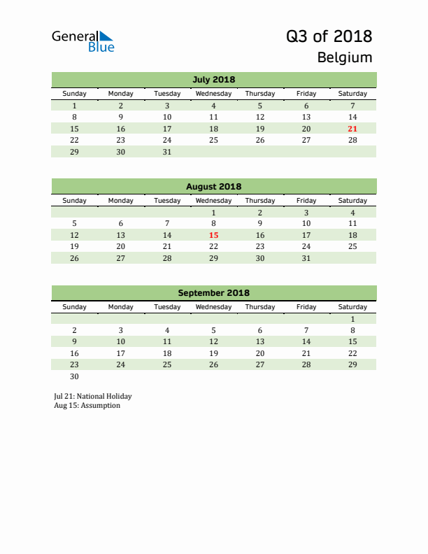 Quarterly Calendar 2018 with Belgium Holidays