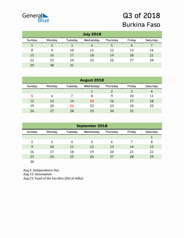 Quarterly Calendar 2018 with Burkina Faso Holidays