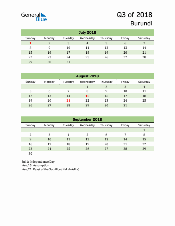 Quarterly Calendar 2018 with Burundi Holidays