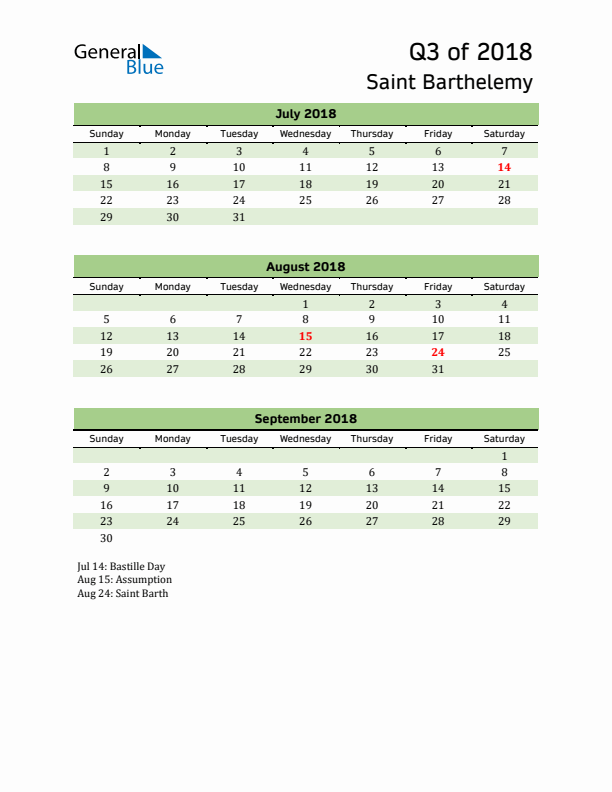 Quarterly Calendar 2018 with Saint Barthelemy Holidays