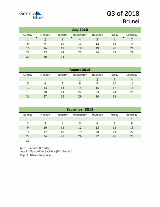 Quarterly Calendar 2018 with Brunei Holidays