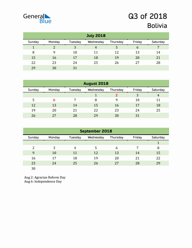 Quarterly Calendar 2018 with Bolivia Holidays