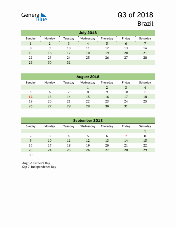 Quarterly Calendar 2018 with Brazil Holidays