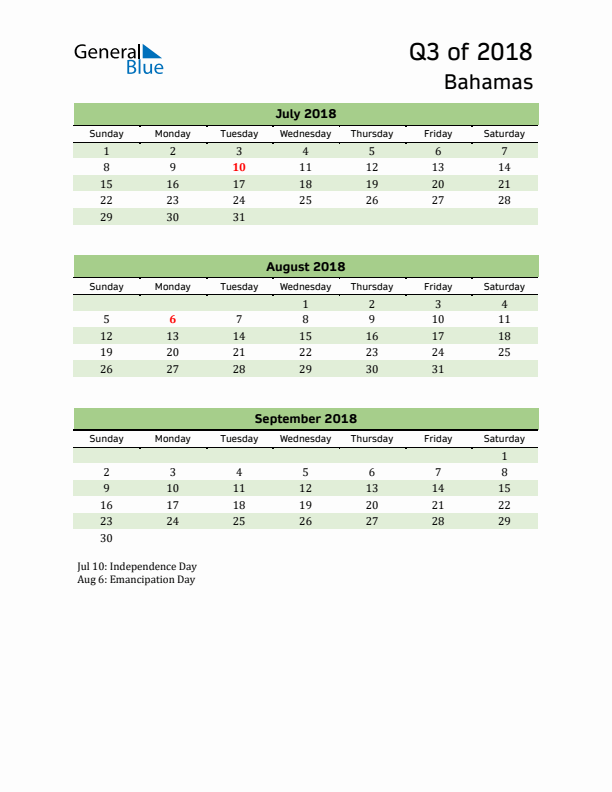 Quarterly Calendar 2018 with Bahamas Holidays