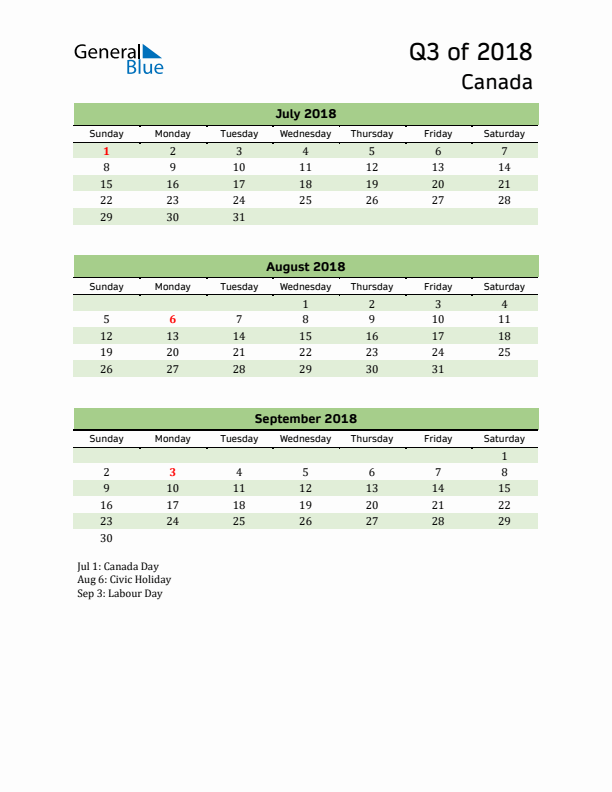 Quarterly Calendar 2018 with Canada Holidays