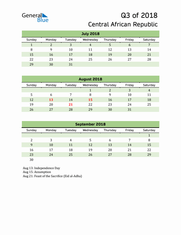 Quarterly Calendar 2018 with Central African Republic Holidays