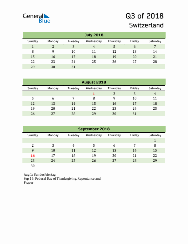 Quarterly Calendar 2018 with Switzerland Holidays