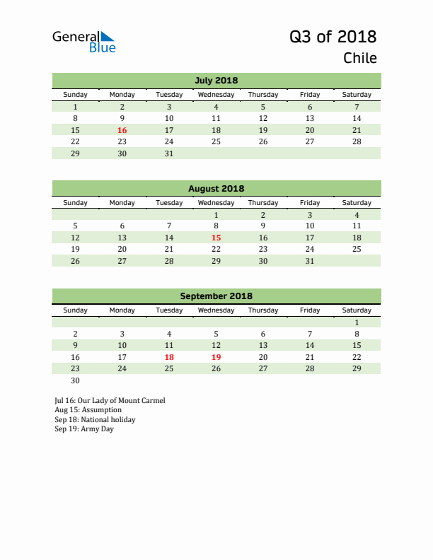 Quarterly Calendar 2018 with Chile Holidays