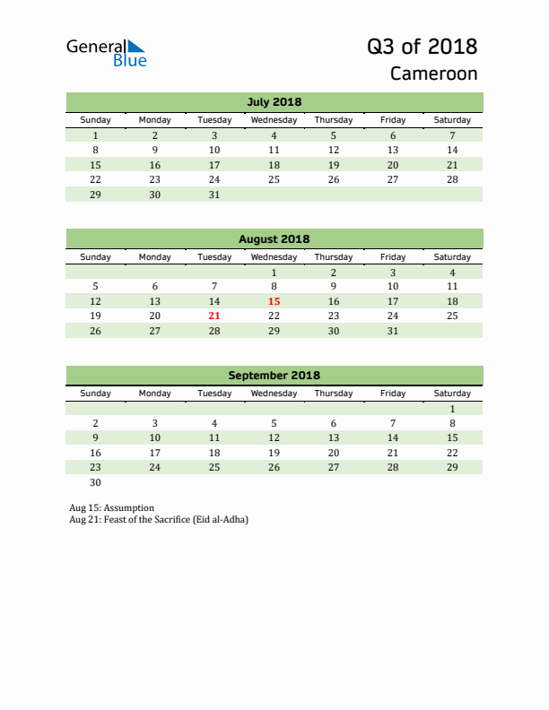 Quarterly Calendar 2018 with Cameroon Holidays