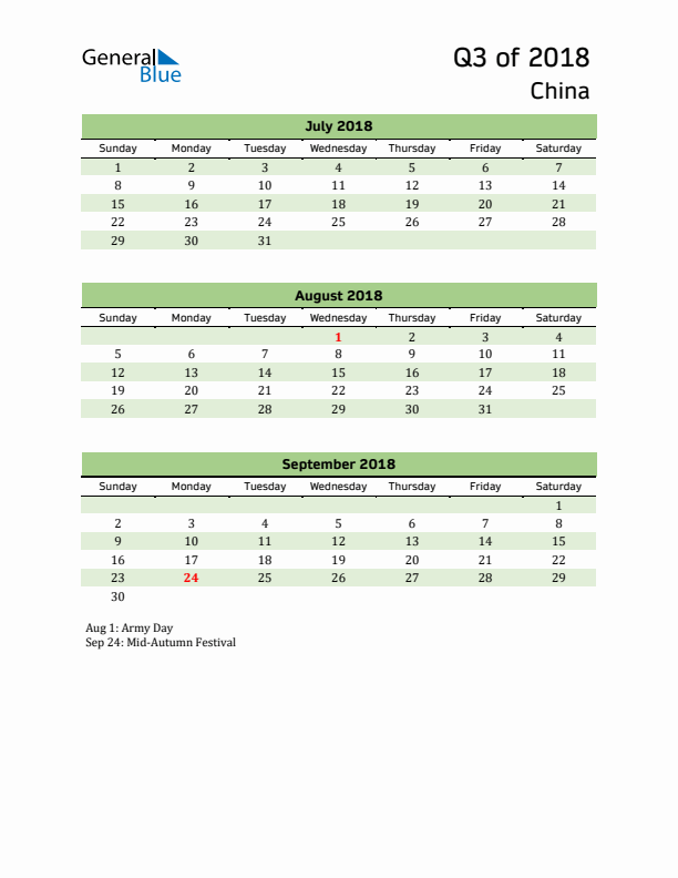 Quarterly Calendar 2018 with China Holidays