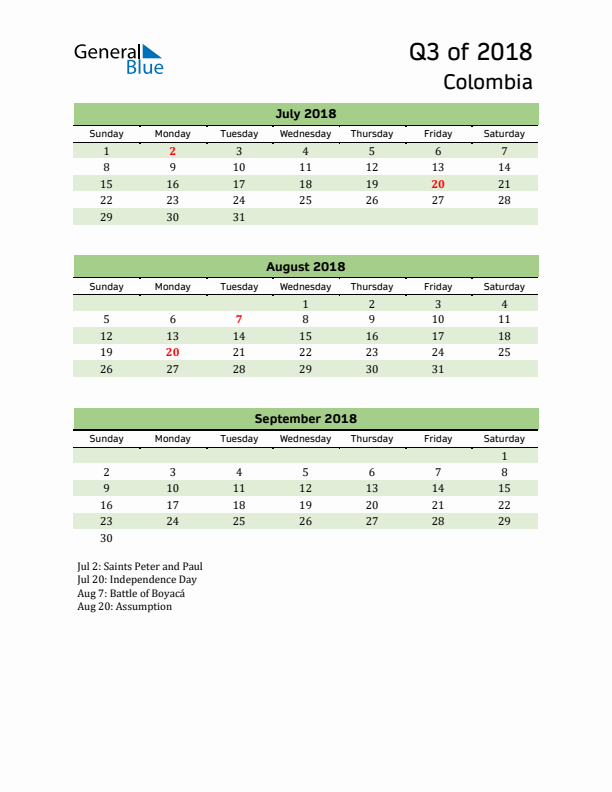 Quarterly Calendar 2018 with Colombia Holidays